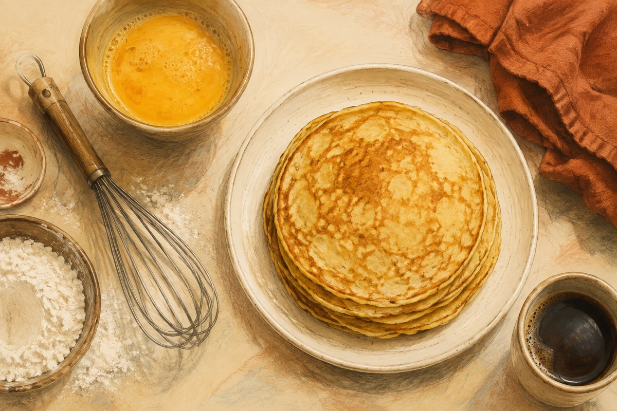 Editorial illustration of pancakes, eggs, flour, a whisk and coffee