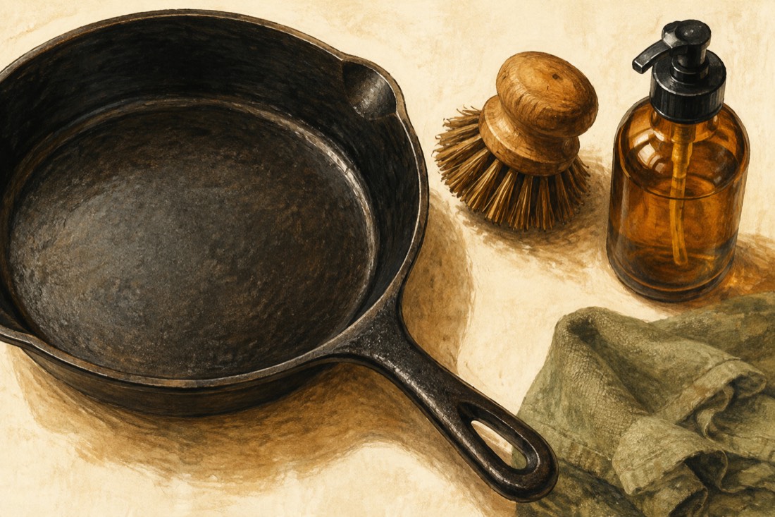 Editorial illustration of a cast-iron skillet, cleaning brush, soap and cloth